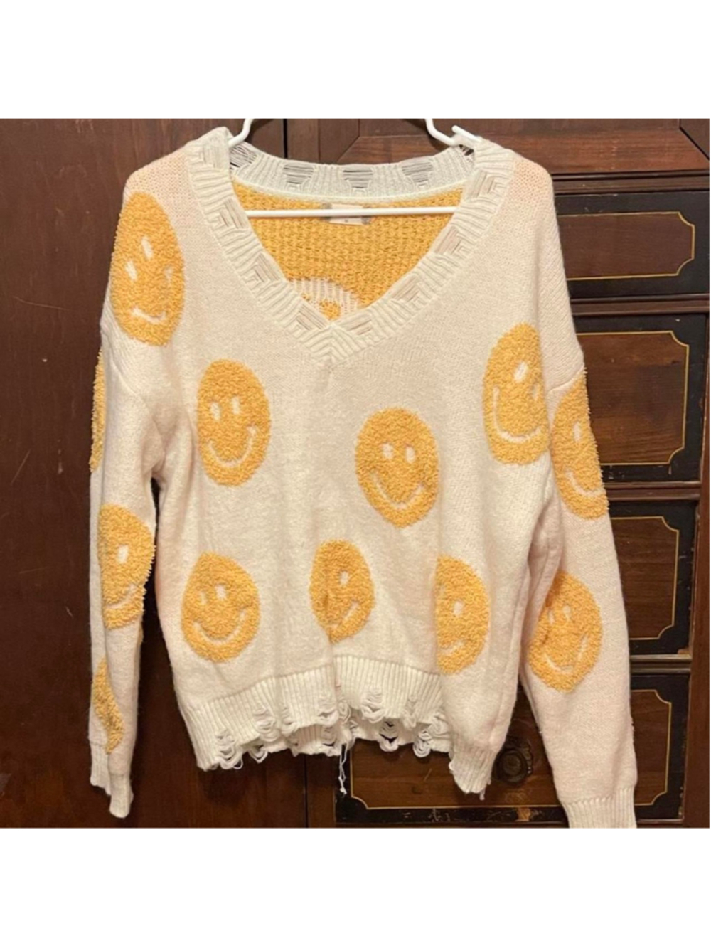 Altar'd State Smiley Face V-Sweater with distressed details, size M